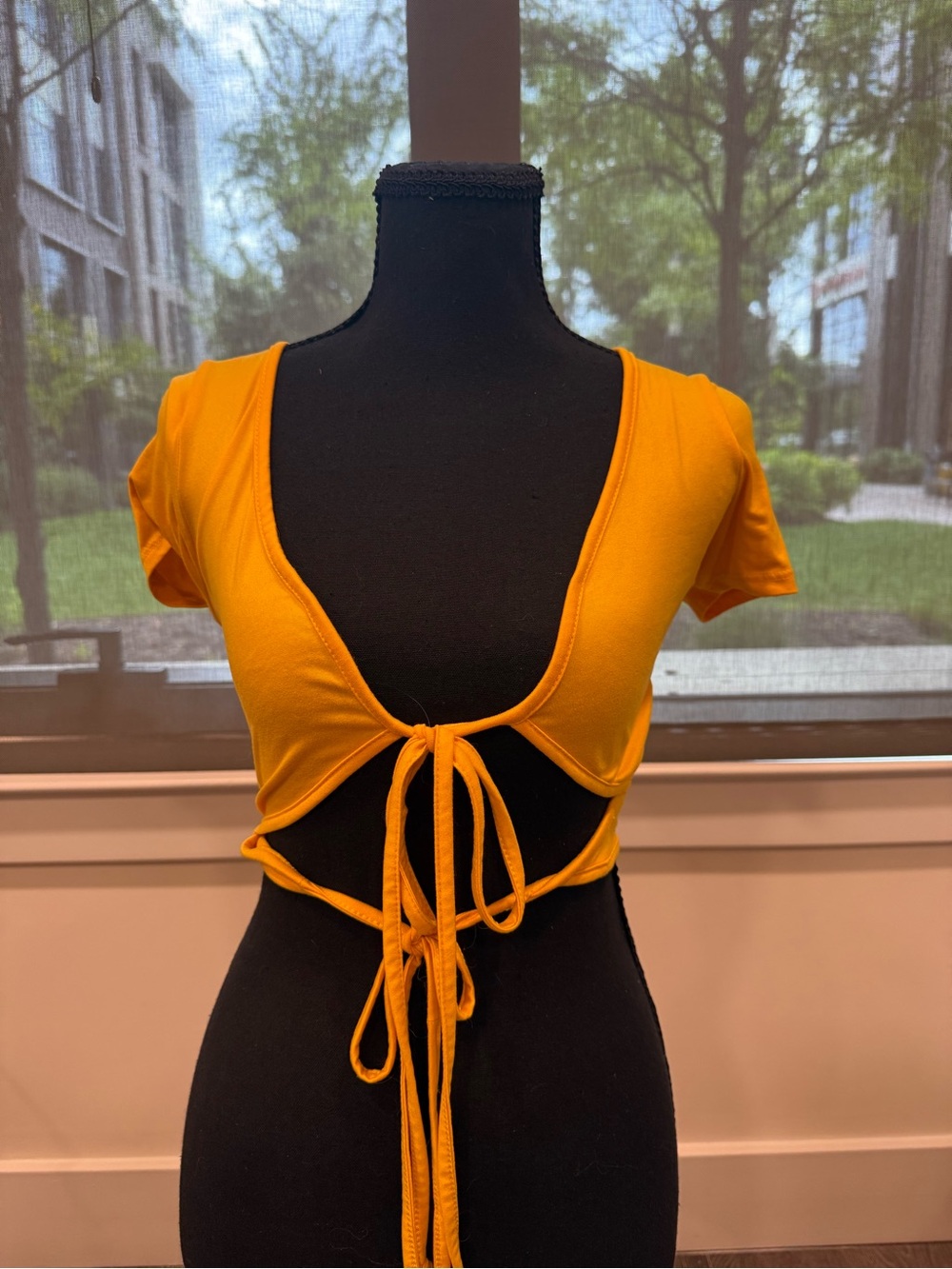 Fashion Nova Mustard Tie-Back Short Sleeve Crop Top
